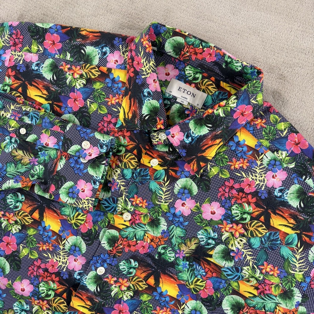 ETON Classic Fit Dress Shirt Multi Floral Beach Sunset AOP Poplin Men 46 18 2XL